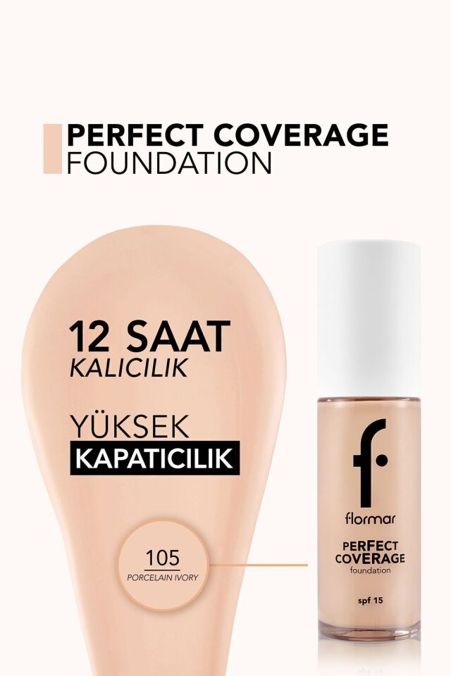 Flormar Perfect Coverage Yoğun Kapatıcı Su Bazlı Fondöten (SARI ALT TON) -130 Light Beige - 105 PORCELAIN IVORY
