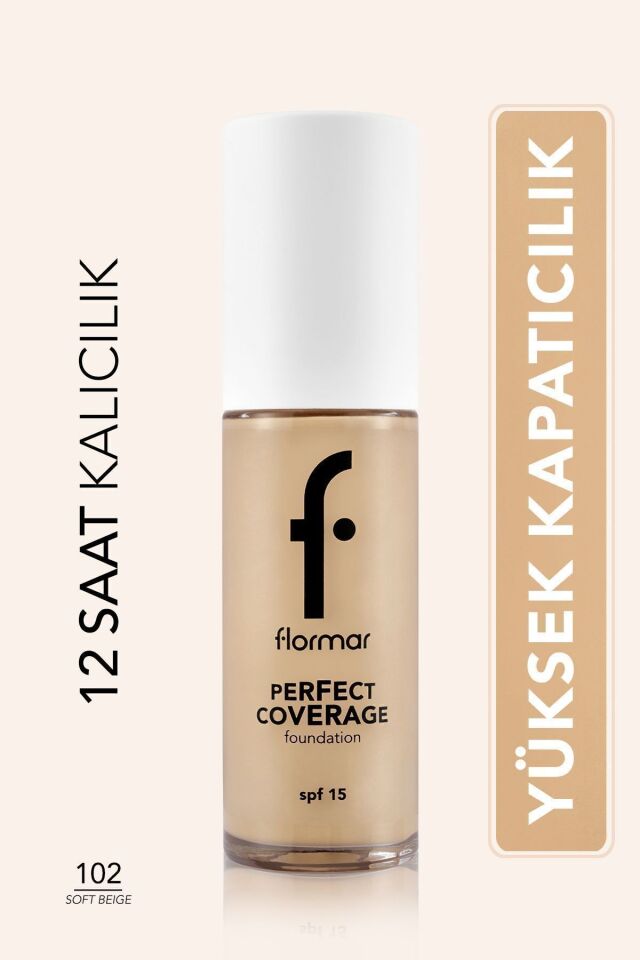 Flormar Perfect Coverage Yoğun Kapatıcı Su Bazlı Fondöten (SARI ALT TON) -130 Light Beige - 102 SOFT BEIGE