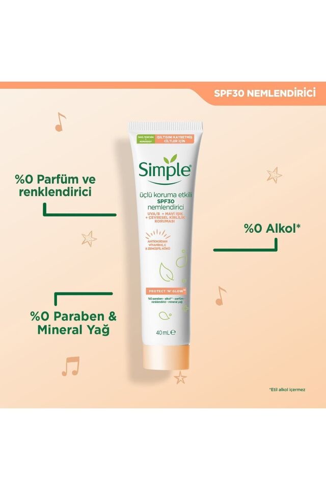 Simple Protect 'n' Glow Üçlü Koruma Etkili Spf30 Nemlendirici Işıltısını Kaybetmiş Ciltlere 40 ml