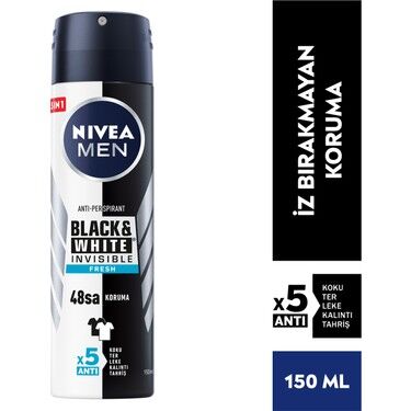 Nivea Men Erkek Sprey Deodorant Black&White Invisible Fresh 150ml, 72 Saat Anti-perspirant