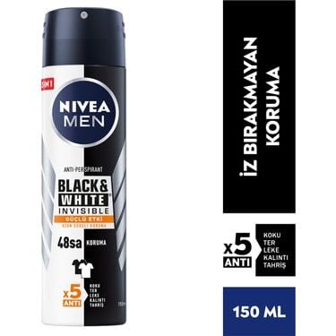 Nivea Men Erkek Sprey Deodorant Black&White Invisible Güçlü Etki 150ml, 72 Saat Anti-perspirant Ter Koruma