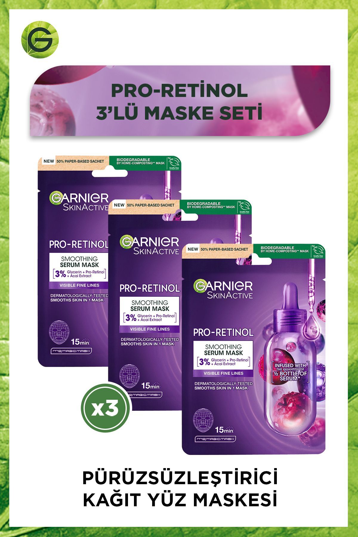 Pro-Retinol Kağıt Maske, Pürüzsüzleştirici, Gliserin, Açai Özlü 3lü Kağıt Maske