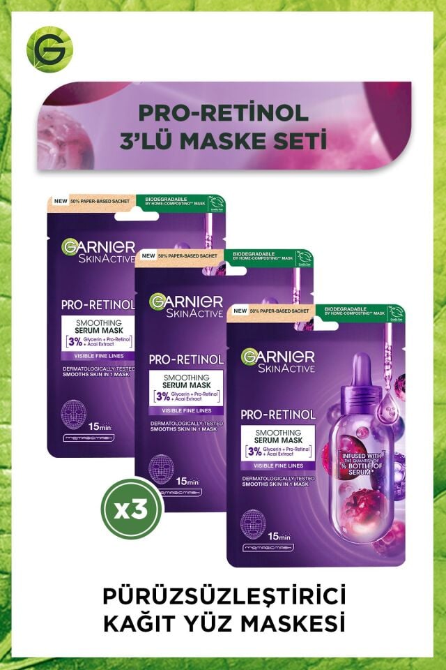 Pro-Retinol Kağıt Maske, Pürüzsüzleştirici, Gliserin, Açai Özlü 3lü Kağıt Maske