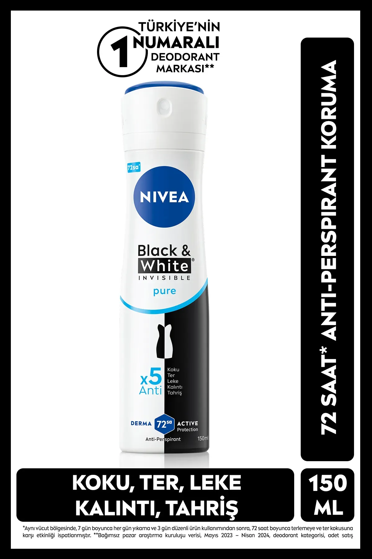 Nivea Kadın Sprey Deodorant Black&White Invisible Pure 150ml, 72 Saat Anti-perspirant