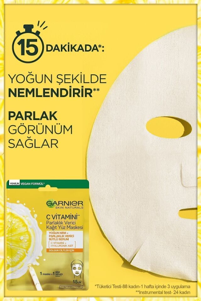 Garnier C Vitamini Parlaklık Verici Kağıt Yüz Maskesi 3'lü Set (5% Gliserin, Niacinamide)