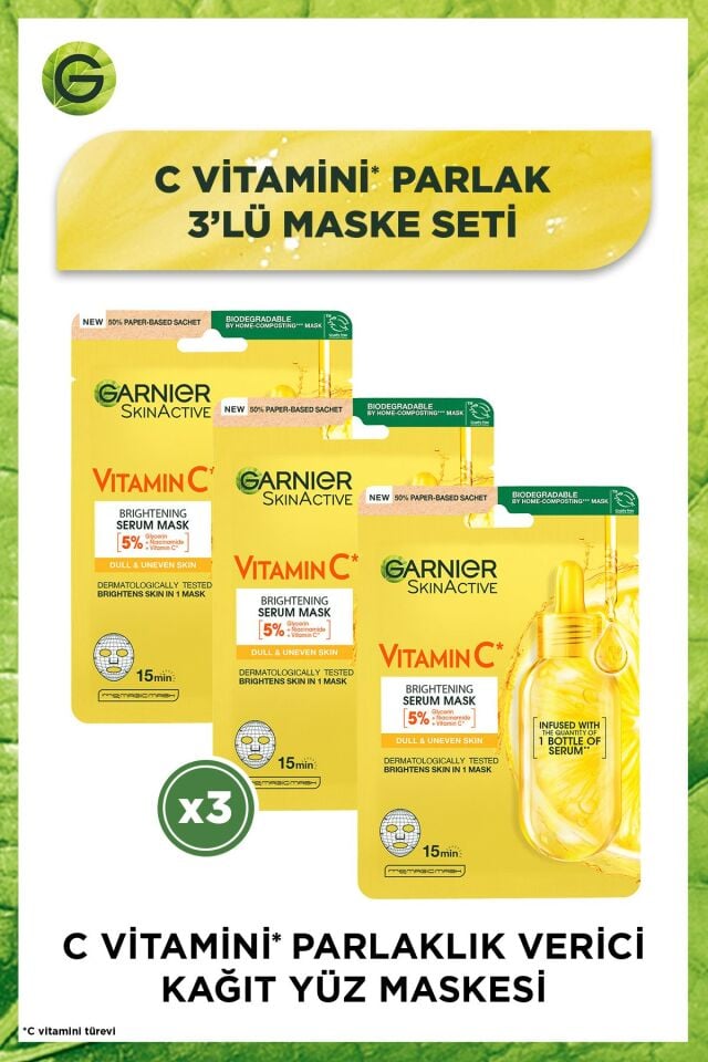 C Vitamini Parlaklık Verici Kağıt Yüz Maskesi 3'lü Set (5% Gliserin, Niacinamide)