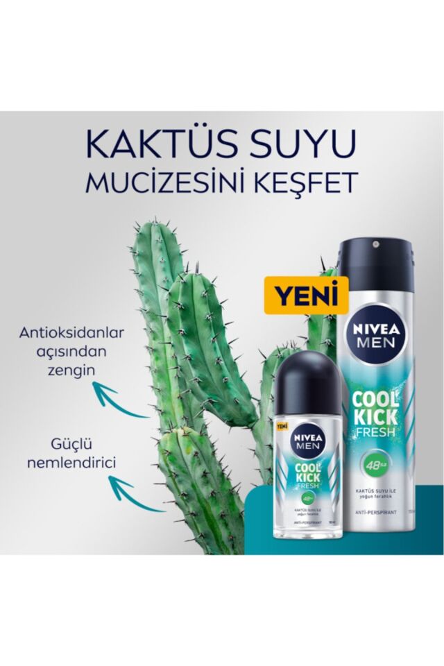 MEN Erkek Sprey Deodorant Cool Kick Fresh 150ml, 48Saat Anti-perspirant, Kaktüs Suyu, Yoğun Ferahlık