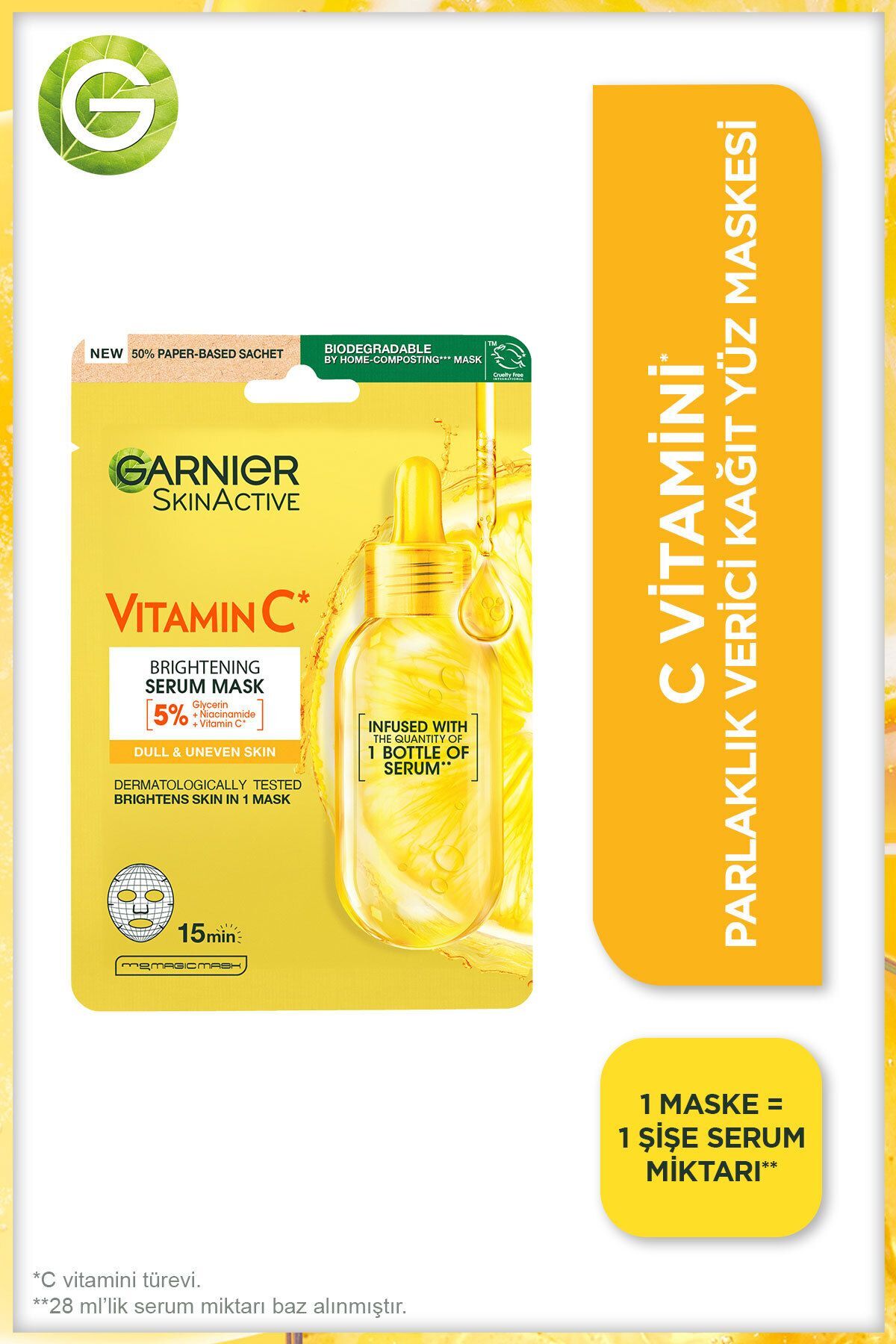 Garnier C Vitamini Parlaklık Verici Kağıt Yüz Maskesi Klasik