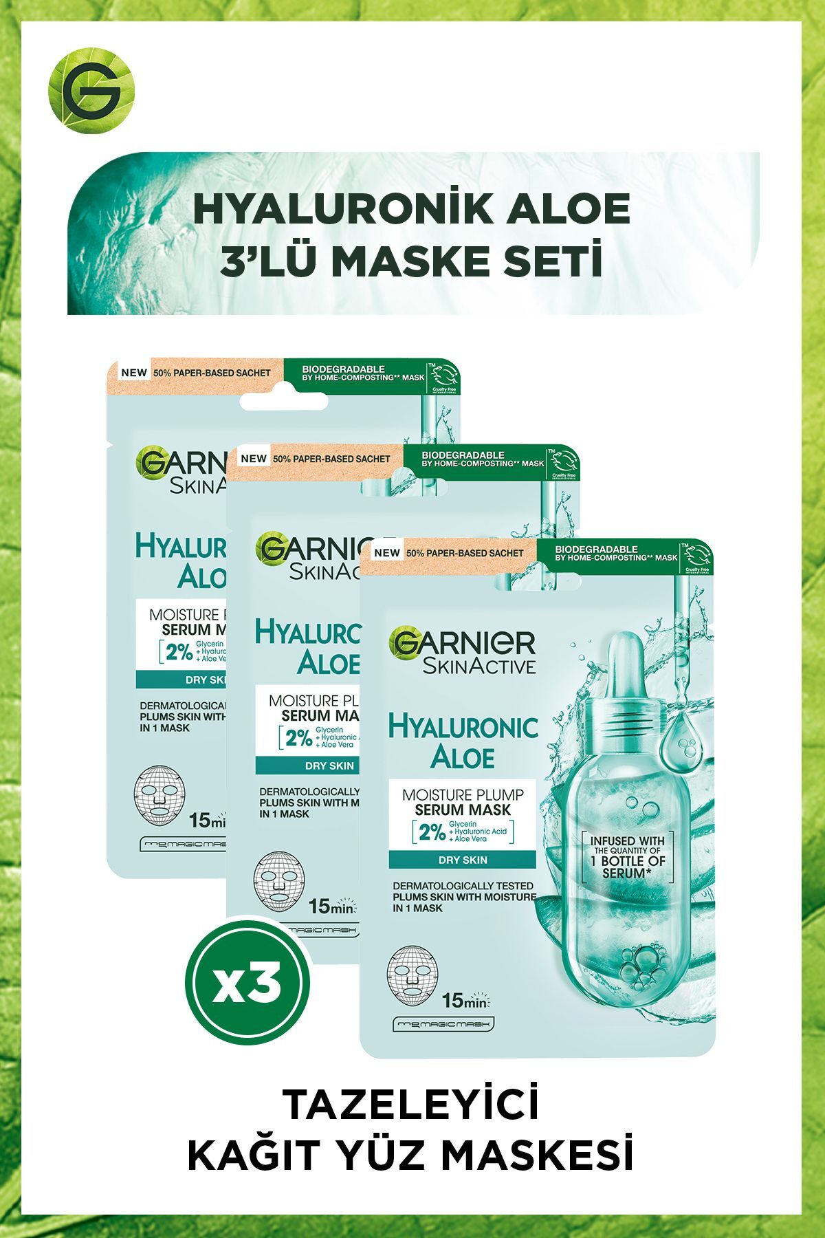 Hyaluronik Aloe Tazeleyici Kağıt Yüz Maskesi 3'lü Set