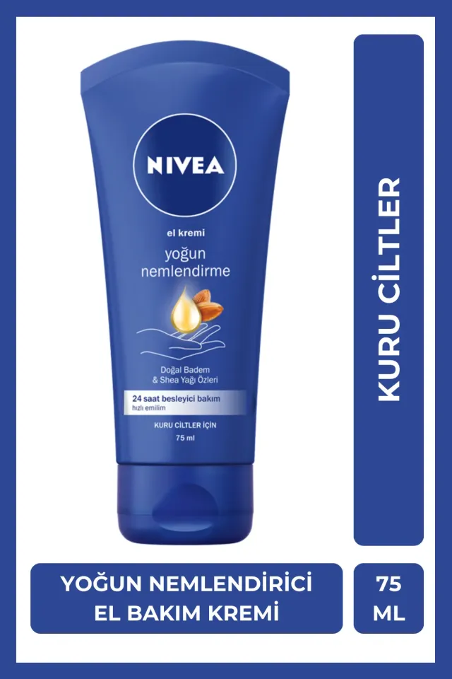 NIVEA Yoğun Nemlendirici El Bakım Kremi 75ml, Doğal Badem, Shea Yağı, Koruyucu, Besleyici, Kuru Ciltler