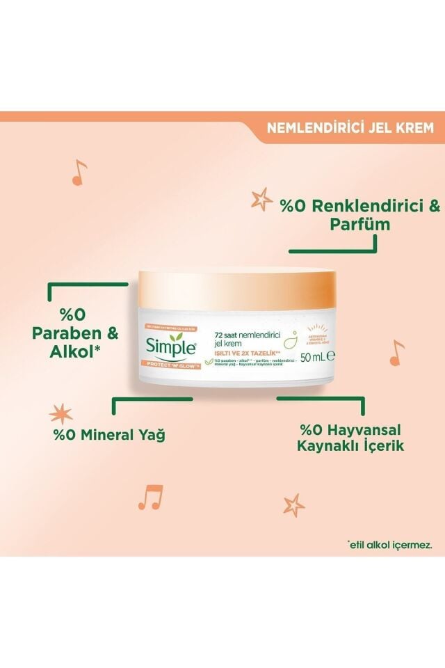 Simple Protect 'n' Glow 72 Saat Nemlendirici Jel Krem Işıltısını Kaybetmiş Ciltler Için 50 ml