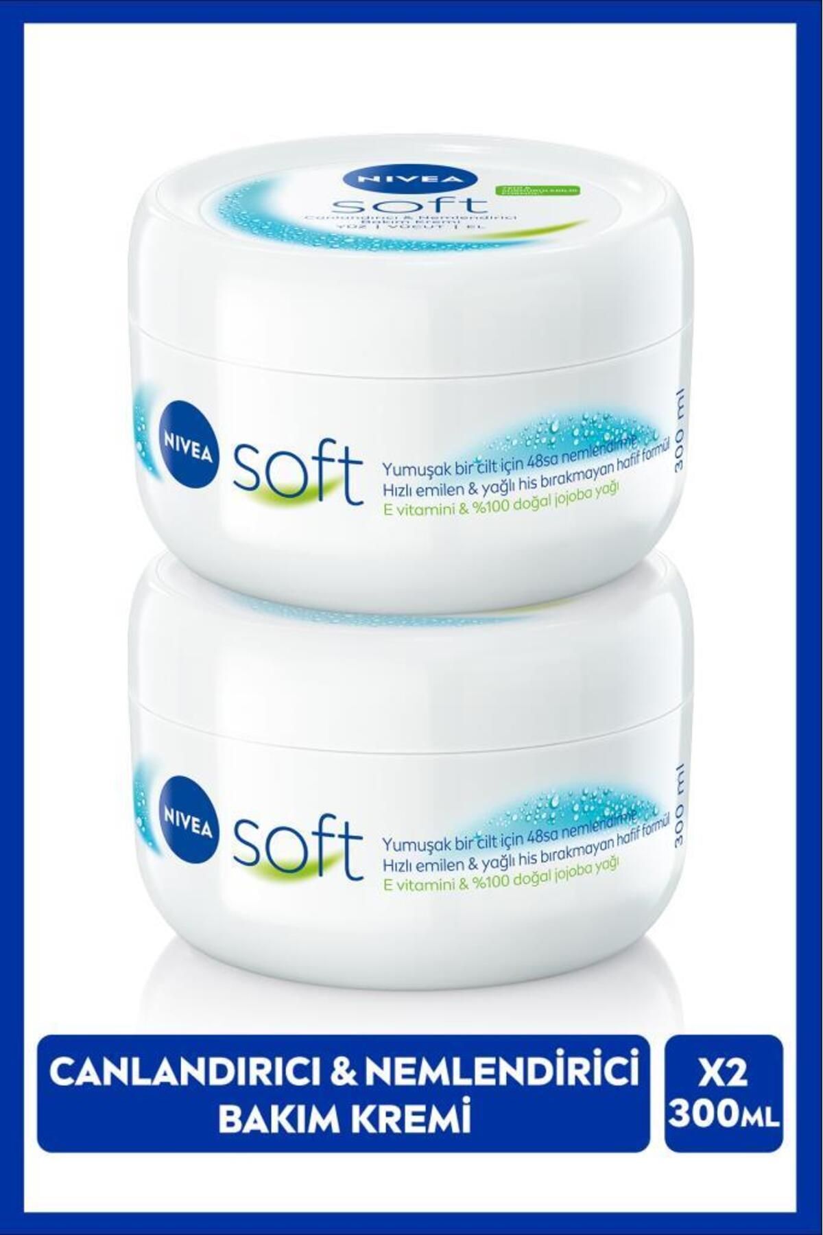 Nivea Soft Nemlendirici El Yüz ve Vücut Bakım Kremi 300ml, Jojoba Yağı, E Vitamini, Pürüzsüz Cilt, X2 Adet