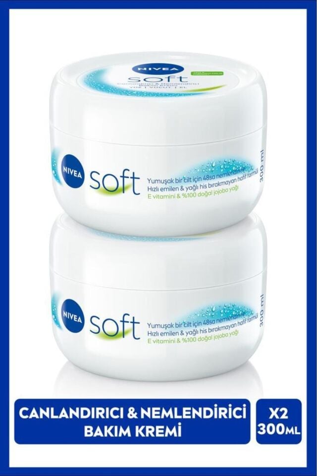 Nivea Soft Nemlendirici El Yüz ve Vücut Bakım Kremi 300ml, Jojoba Yağı, E Vitamini, Pürüzsüz Cilt, X2 Adet