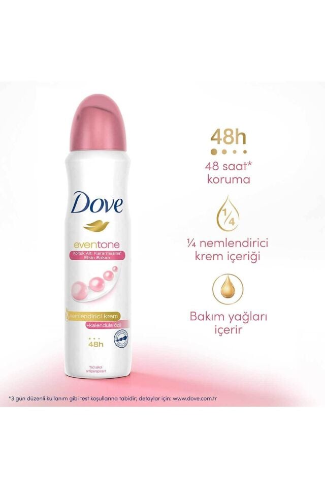 Dove Kadın Sprey Deodorant Eventone 1/4 Nemlendirici Krem Etkili Kalendula Özü 150 ml X3 Adet