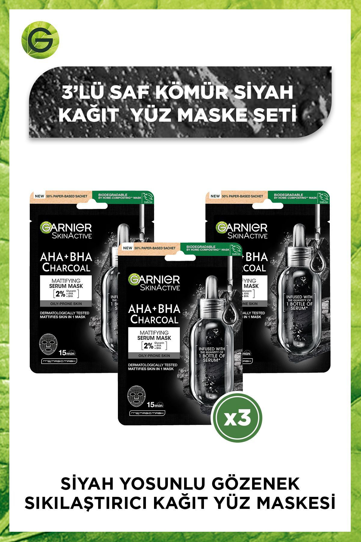 Garnier Siyah Yosunlu Gözenek Sıkılaştırıcı Kağıt Yüz Maskesi 3'lü Set
