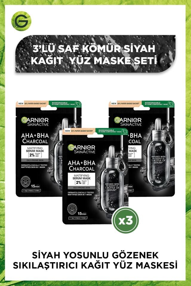 Garnier Siyah Yosunlu Gözenek Sıkılaştırıcı Kağıt Yüz Maskesi 3'lü Set