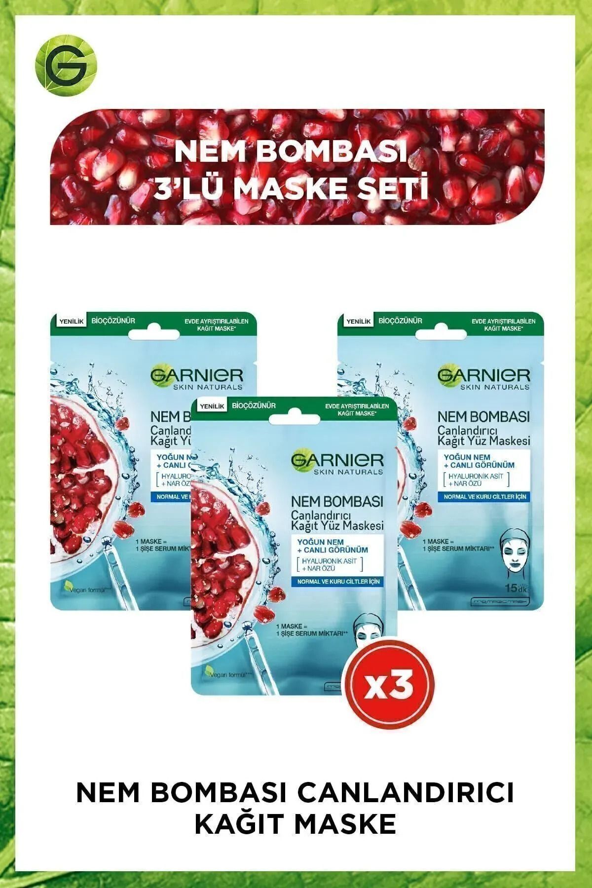 Garnier STD Nem Bombası Canlandırıcı Kağıt Maske 28 gr 3'lü Klasik