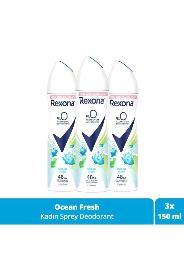 Rexona  Kadın Sprey Deodorant Ocean Fresh %0 Alüminyum 48 Saat Ter Kokusuna Karşı Koruma 150 Ml X3