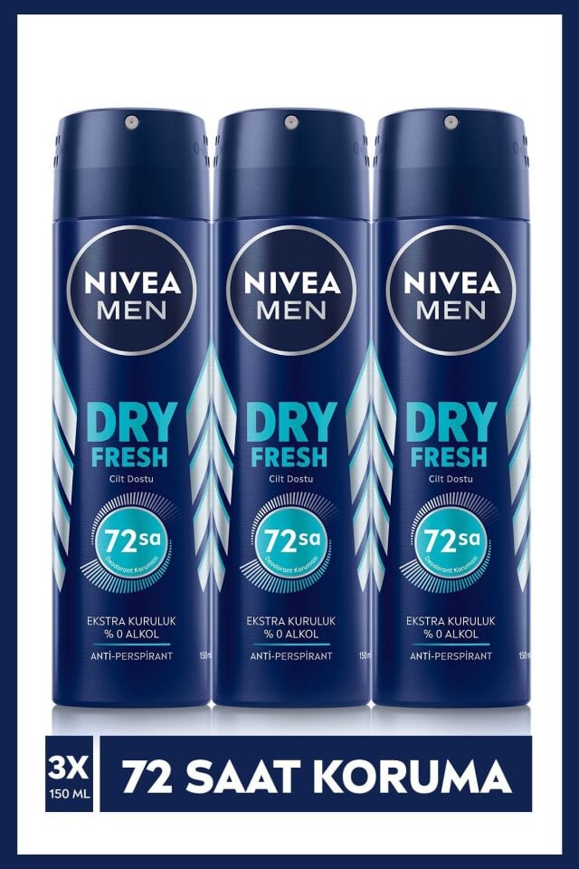 Nivea Men Erkek Sprey Deodorant Dry Fresh 150 ml X3 Adet,72 Saat Anti-perspirant Koruma