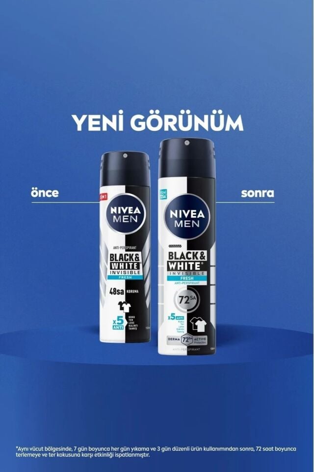 Nivea MEN Erkek Sprey Deodorant Black & White Invisible Fresh 150ml, 72 Saat Anti-perspirant, X3 Adet