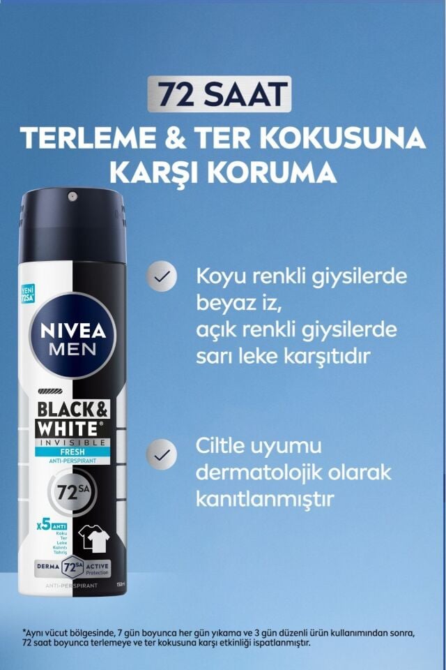 Nivea MEN Erkek Sprey Deodorant Black & White Invisible Fresh 150ml, 72 Saat Anti-perspirant, X3 Adet
