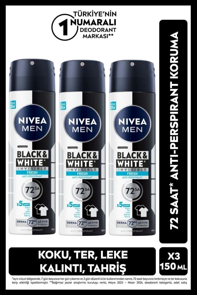Nivea MEN Erkek Sprey Deodorant Black & White Invisible Fresh 150ml, 72 Saat Anti-perspirant, X3 Adet