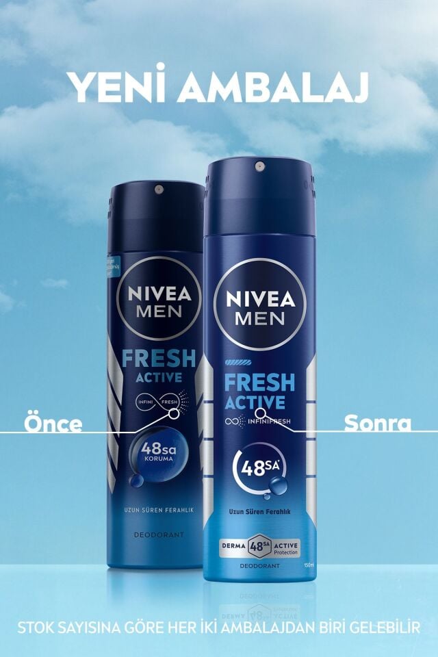 Nivea MEN Erkek Sprey Deodorant Fresh Active 150ml, Ter Kokusuna Karşı 48 Saat Koruma, Pudrasız, X3 Adet