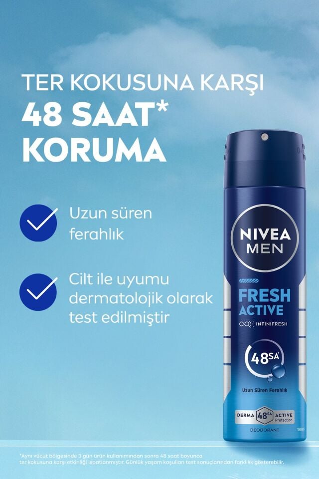 Nivea MEN Erkek Sprey Deodorant Fresh Active 150ml, Ter Kokusuna Karşı 48 Saat Koruma, Pudrasız, X3 Adet