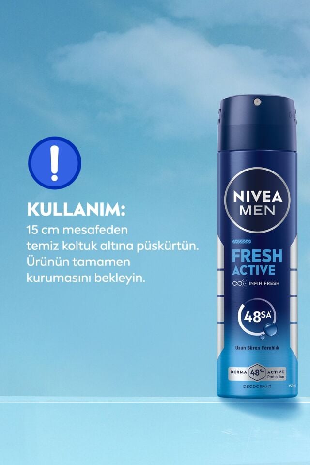 Nivea MEN Erkek Sprey Deodorant Fresh Active 150ml, Ter Kokusuna Karşı 48 Saat Koruma, Pudrasız, X3 Adet