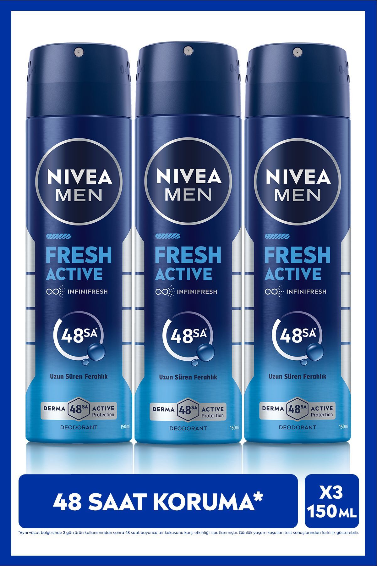 Nivea MEN Erkek Sprey Deodorant Fresh Active 150ml, Ter Kokusuna Karşı 48 Saat Koruma, Pudrasız, X3 Adet