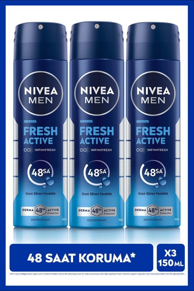 Nivea MEN Erkek Sprey Deodorant Fresh Active 150ml, Ter Kokusuna Karşı 48 Saat Koruma, Pudrasız, X3 Adet