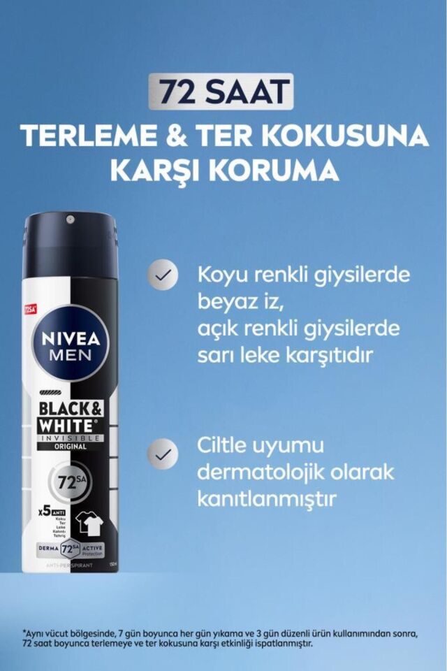 Nivea MEN Erkek Sprey Deodorant Black&White Invisible Original 150ml,72 Saat Anti-Perspirant,X3 Adet