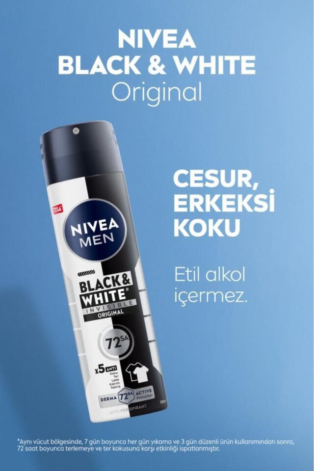 Nivea MEN Erkek Sprey Deodorant Black&White Invisible Original 150ml,72 Saat Anti-Perspirant,X3 Adet
