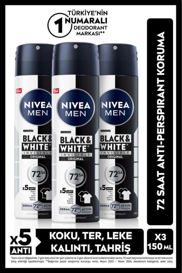 Nivea MEN Erkek Sprey Deodorant Black&White Invisible Original 150ml,72 Saat Anti-Perspirant,X3 Adet