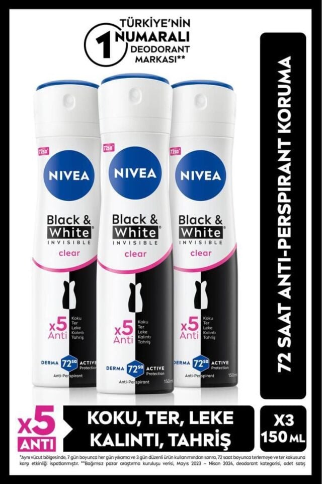 Nivea Kadın Sprey Deodorant Black&White Invisible Clear 150ml, 72 Saat Anti-perspirant Koruma, X3 Adet