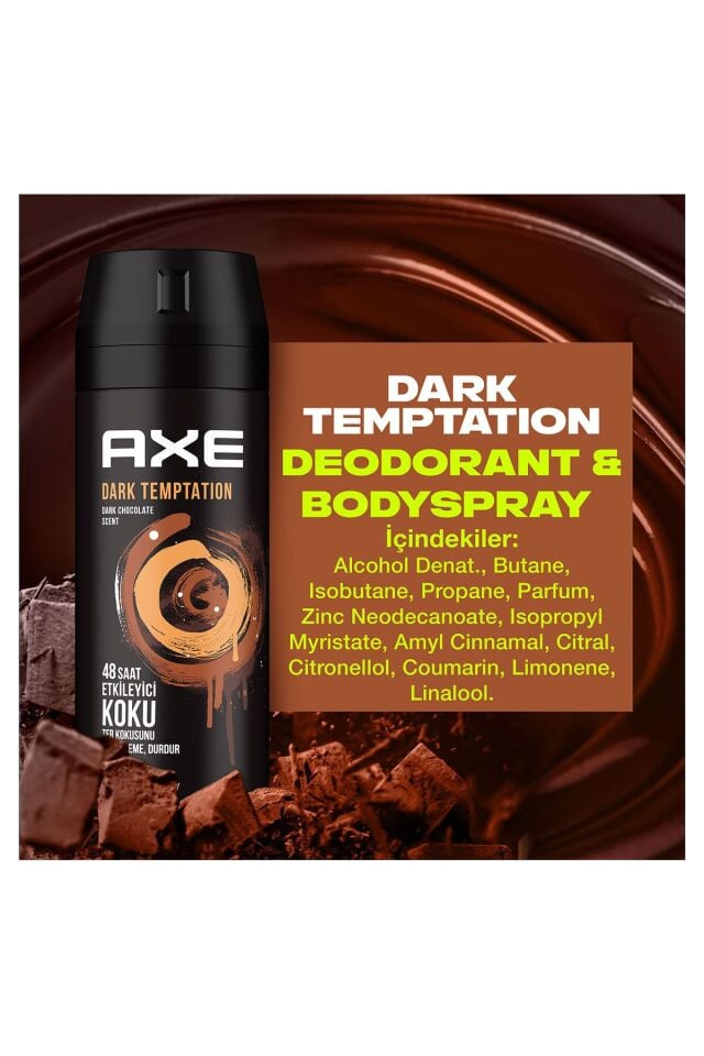 Axe Erkek Deodorant & Bodyspray Dark Temptation 48 Saat Etkileyici Koku Vücut Spreyi 150 ml X3 Adet