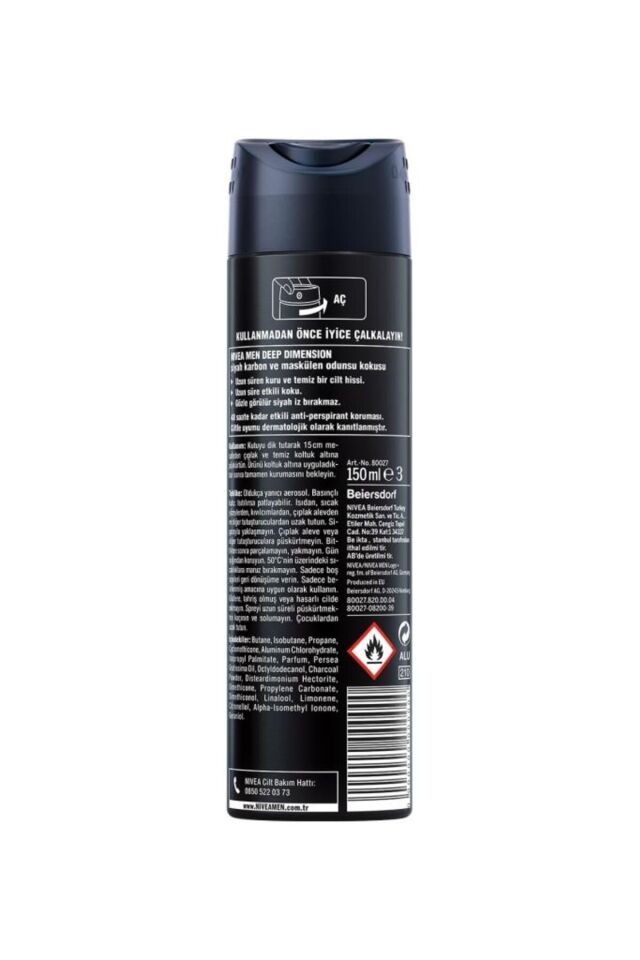 Nivea MEN Erkek Sprey Deodorant Deep Dimension Aktif Karbon 150ml, 72 Saat Anti-perspirant Koruma, X2 Adet