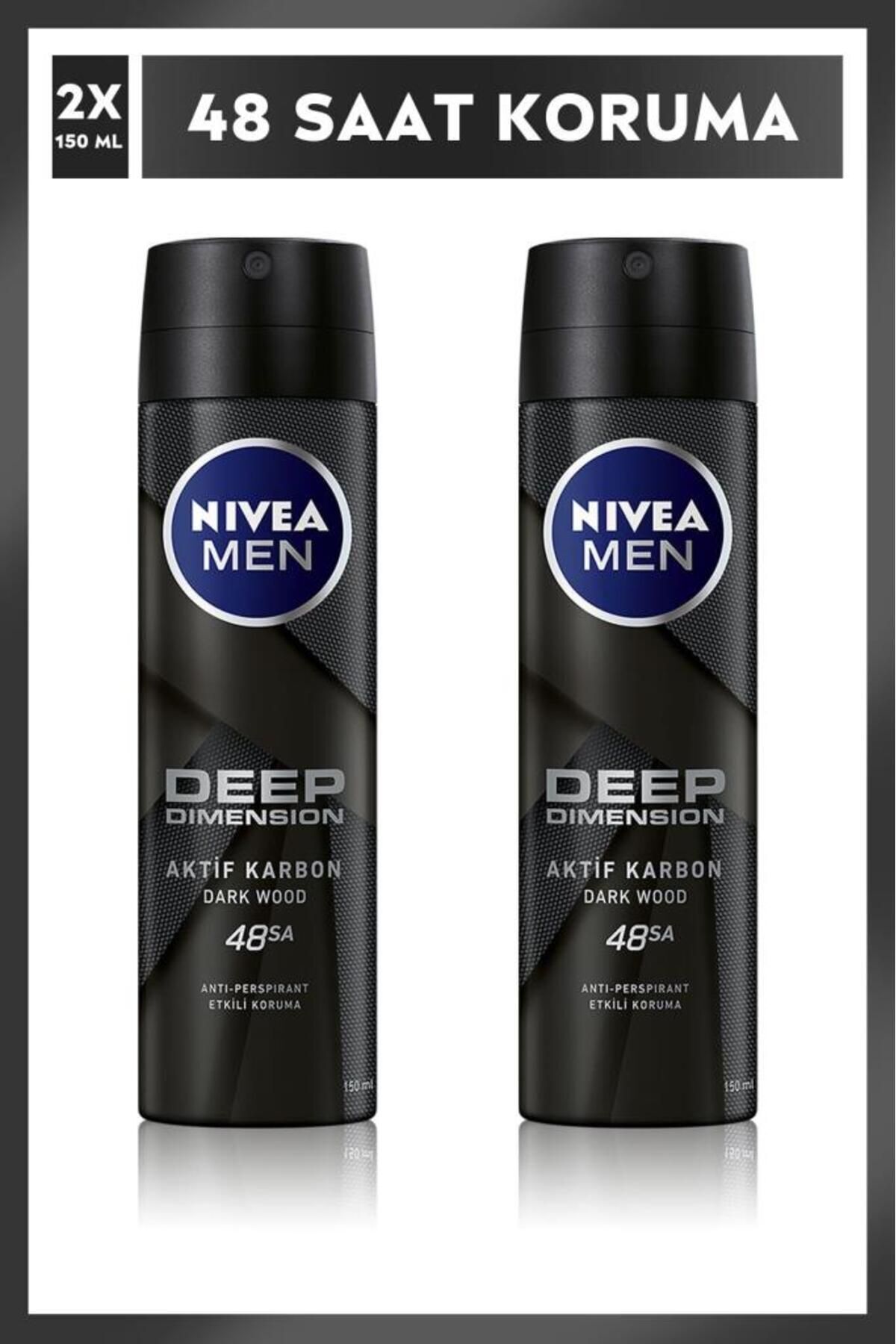 Nivea MEN Erkek Sprey Deodorant Deep Dimension Aktif Karbon 150ml, 72 Saat Anti-perspirant Koruma, X2 Adet