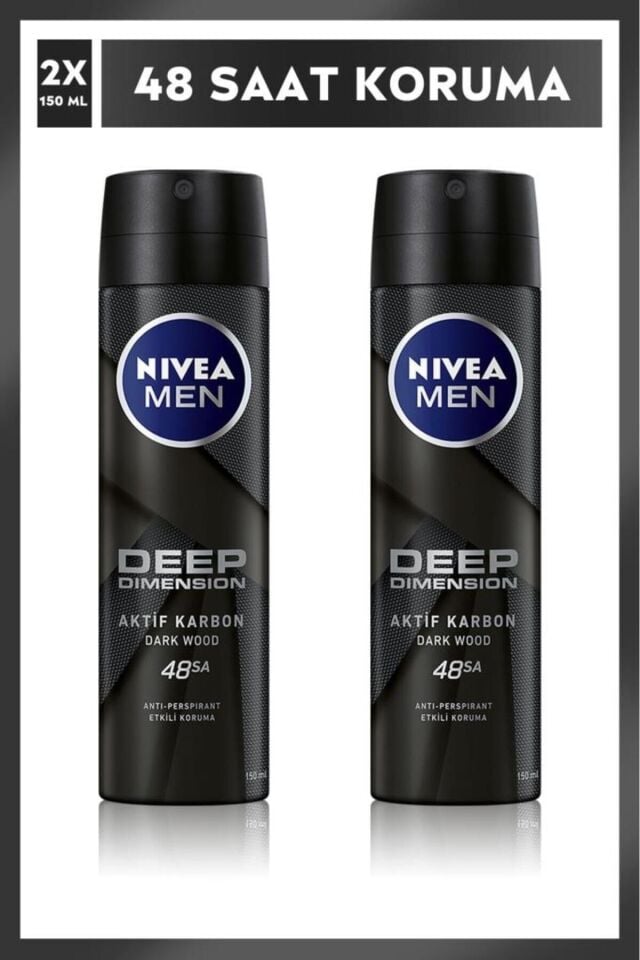 Nivea MEN Erkek Sprey Deodorant Deep Dimension Aktif Karbon 150ml, 72 Saat Anti-perspirant Koruma, X2 Adet