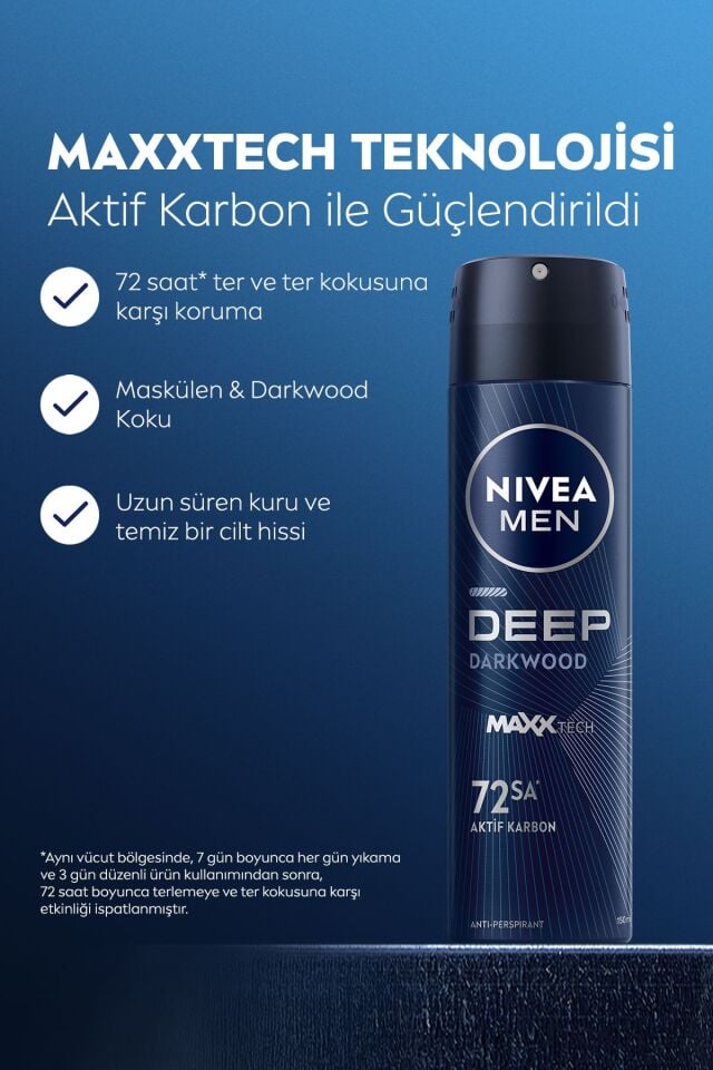 Nivea Men Erkek Sprey Deodorant Deep Dimension Aktif Karbon 150ml, 48 Saat Anti-perspirant Ter Koruması