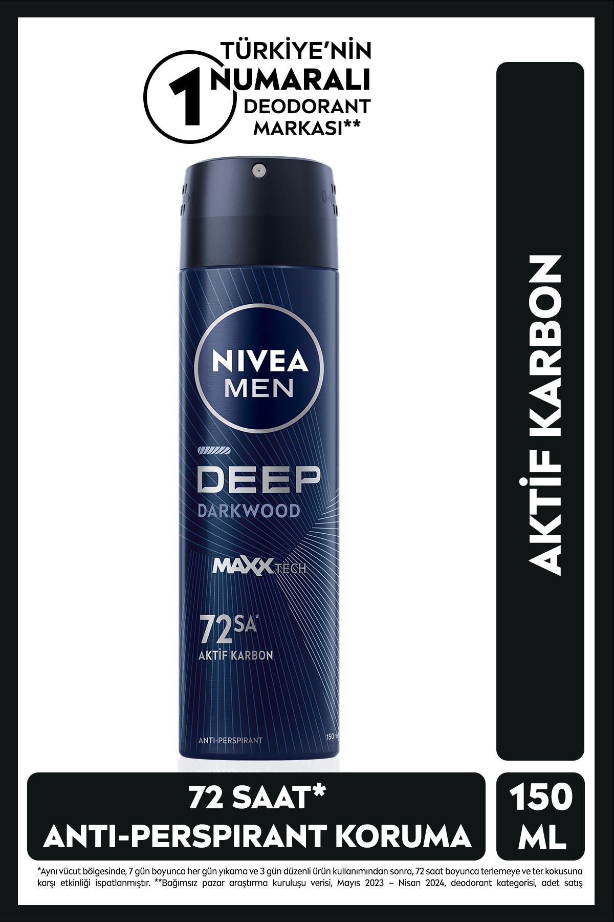 Nivea Men Erkek Sprey Deodorant Deep Dimension Aktif Karbon 150ml, 48 Saat Anti-perspirant Ter Koruması