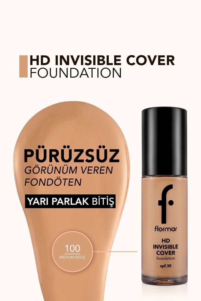 Flormar Doğal Bitişli Fondöten- Invisible Cover Hd Fdt, - 100 Medium Beige -