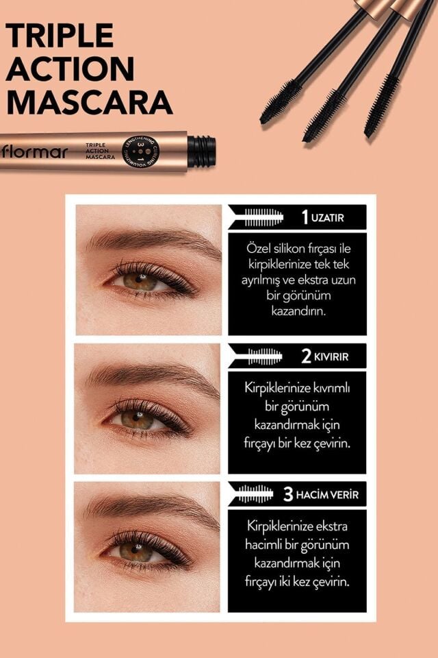 Flormar 3 Kademeli Ayarlanabilir Maskara (SİYAH) - Triple Action Mascara - 001 -