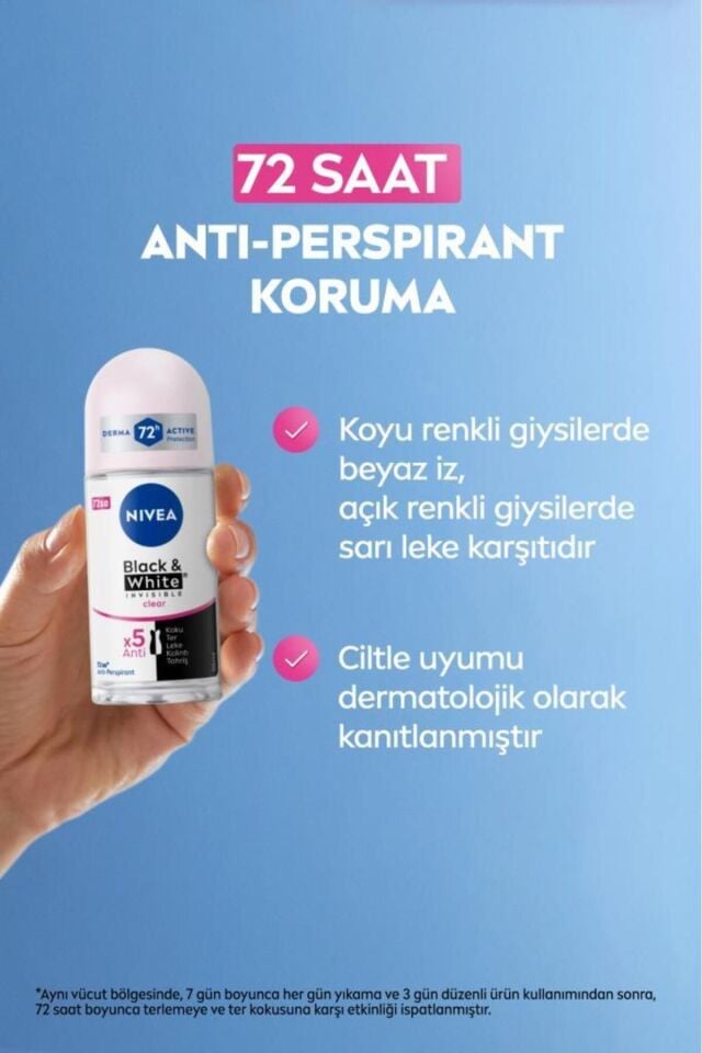 Nivea Kadın Roll-on Deodorant Black&white Invisible Clear 50ml, 72 Saat Anti-perspirant Koruma