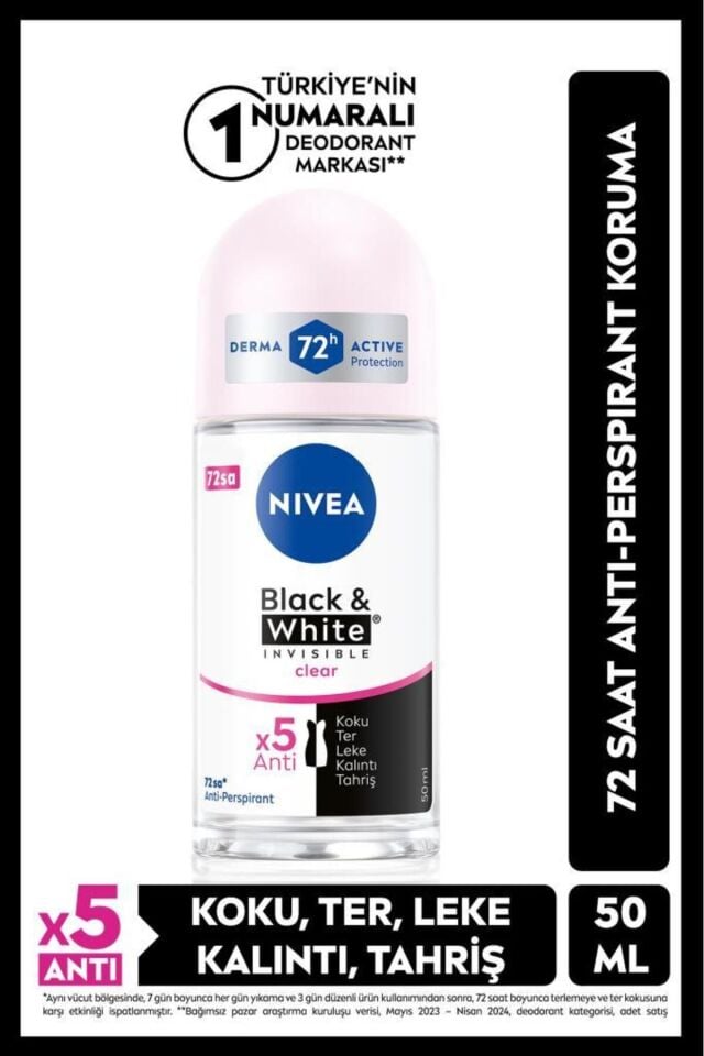 Nivea Kadın Roll-on Deodorant Black&white Invisible Clear 50ml, 72 Saat Anti-perspirant Koruma