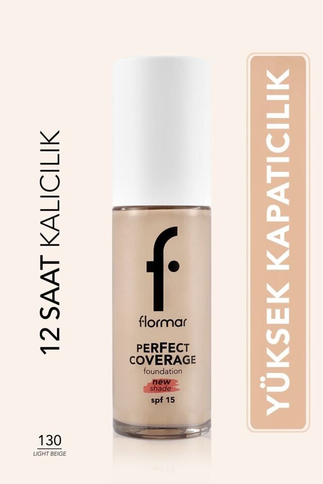 Flormar Perfect Coverage Yoğun Kapatıcı Su Bazlı Fondöten (SARI ALT TON) -130 Light Beige -